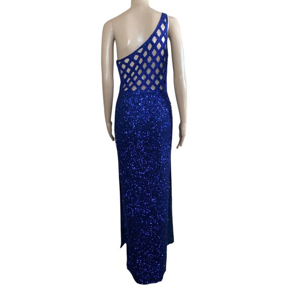 1990s Scala Royal Blue Sequin One Shoulder Gown Open Back Evening Dress Sz M - Picture 3 of 16